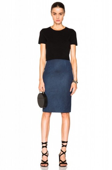 SALLY LAPOINTE ENHANCING STRETCH DENIM PENCIL SKIRT indigo. Designer fashion | dark denim skirts - flipped