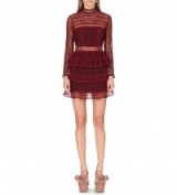 SELF-PORTRAIT High-neck lace dress in dark maroon – as worn by Russian-born Dasha Zhukova, wife of Roman Abramovich, at Art Basel in Miami Beach, December 2015. Celebrity fashion | occasion lace dresses | what celebrities wear to events