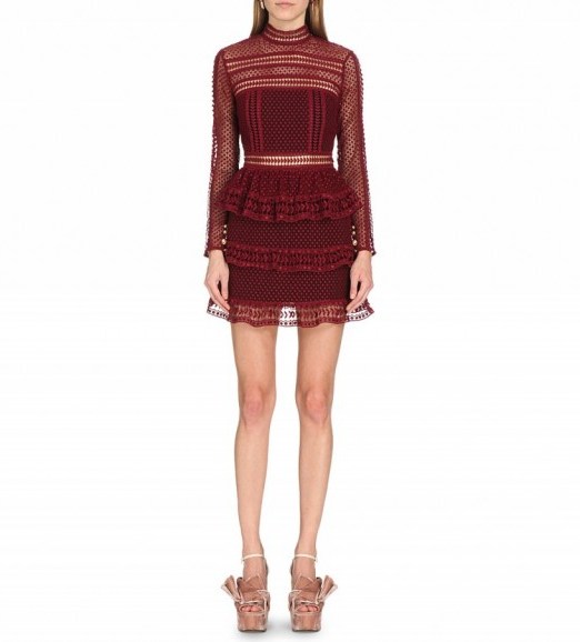 SELF-PORTRAIT High-neck lace dress in dark maroon – as worn by Russian-born Dasha Zhukova, wife of Roman Abramovich, at Art Basel in Miami Beach, December 2015. Celebrity fashion | occasion lace dresses | what celebrities wear to events - flipped