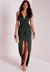 Missguided slinky overlay plunge maxi dress deep green. Plunging party dresses | long evening dresses | deep V neckline | low cut gowns | going out glamour