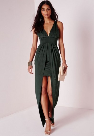 Missguided slinky overlay plunge maxi dress deep green. Plunging party dresses | long evening dresses | deep V neckline | low cut gowns | going out glamour - flipped