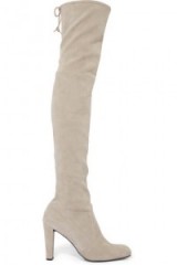 STUART WEITZMAN Highland suede over-the-knee boots in light grey – as worn by Gigi Hadid in Paris, 25 January 2016. Celebrity fashion | casual star style | what celebrities wear | designer footwear