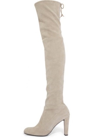 STUART WEITZMAN Highland suede over-the-knee boots in light grey – as worn by Gigi Hadid in Paris, 25 January 2016. Celebrity fashion | casual star style | what celebrities wear | designer footwear - flipped
