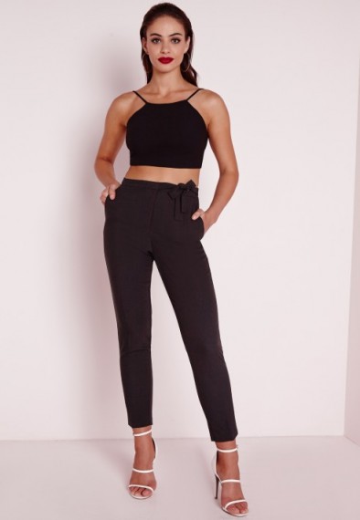 MISSGUIDED tie belt crepe high waist trousers black. Evening pants | going out fashion