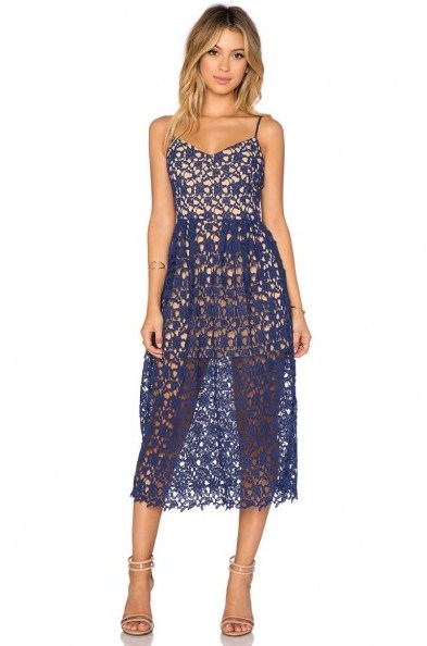 TOBY HEART GINGER – X Love Indie Bella Crochet Midi Dress in navy & nude. Sheer dresses | party fashion | occasion wear - flipped