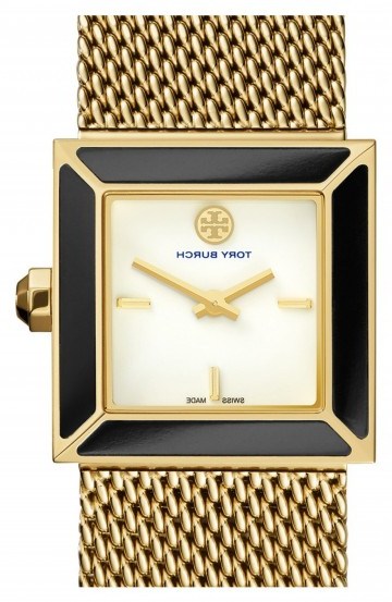 Tory Burch ‘Sawyer’ Square Mesh Strap Watch gold / onyx ~ womens luxury watches ~ ladies luxe accessories ~ designer fashion ~ chic style - flipped