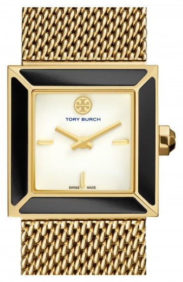 Tory Burch ‘Sawyer’ Square Mesh Strap Watch gold / onyx ~ womens luxury watches ~ ladies luxe accessories ~ designer fashion ~ chic style