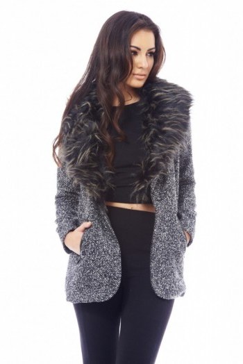 AX PARIS tweed fur collar jacket grey – winter jackets – faux fur - flipped