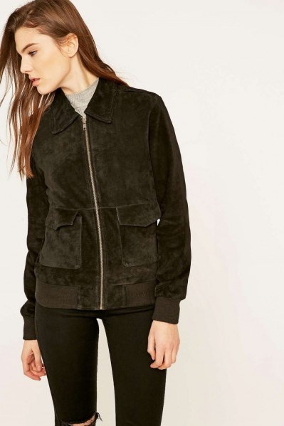 Urban Renewal Vintage Remnants ’70s Collared Suede Bomber Jacket in black. Casual Jackets | on trend fashion - flipped