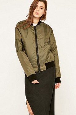 Urban Renewal Vintage Surplus MA1 Olive Bomber Jacket in green. On trend jackets – casual fashion - flipped
