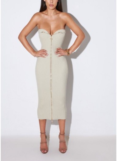 JLUXLABEL Zipped In My Tube Sweater Dress beige. Plunge front | ribbed dresses | plunging necklines | party fashion | going out glamour - flipped