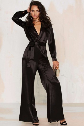 After Party Vintage Love the Nightlife Plunging Jumpsuit. Black satin jumpsuits | plunge front necklines | deep V neckline | going out fashion | party wear | evening glamour - flipped