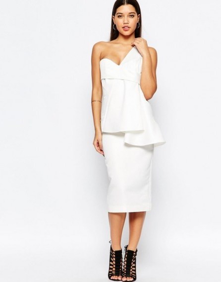 AQAQ Tosso Midi Dress With One Shoulder Pleat Detail in cream. Party fashion – going out dresses – evening wear - flipped