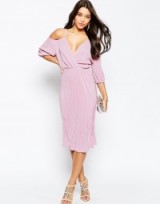 ASOS Cold Shoulder Plisse Pleated Midi Dress in dusty pink. Plunge front party dresses | deep V necklines | low cut neckline | evening glamour | going out fashion
