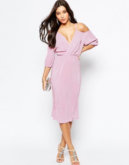 ASOS Cold Shoulder Plisse Pleated Midi Dress in dusty pink. Plunge front party dresses | deep V necklines | low cut neckline | evening glamour | going out fashion - flipped