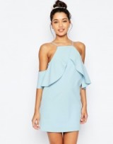 ASOS Cold Shoulder Ruffle Crepe Mini Dress in baby blue. Evening dresses – party fashion – going out glamour – ruffles