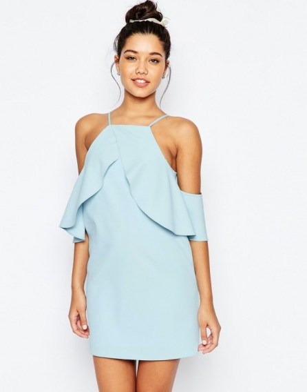 ASOS Cold Shoulder Ruffle Crepe Mini Dress in baby blue. Evening dresses – party fashion – going out glamour – ruffles - flipped