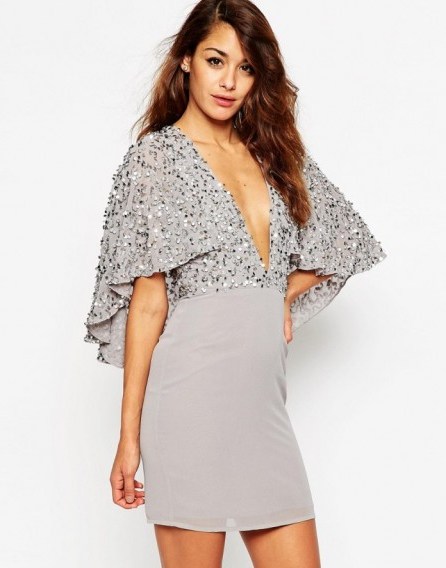 ASOS Embellished Cape Back Mini Dress grey. Glamorous party dresses – going out fashion – occasion glamour - flipped
