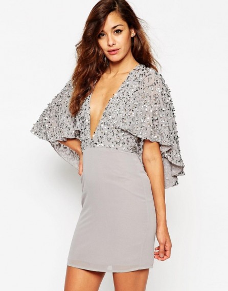 ASOS Embellished Cape Back Mini Dress grey. Glamorous party dresses – going out fashion – occasion glamour