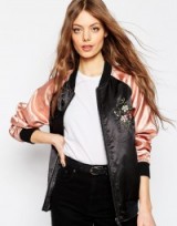 ASOS Premium Bomber Jacket with Floral Embroidery. Weekend jackets | casual fashion | pink and black | satin look