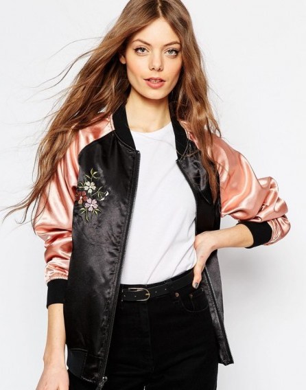 ASOS Premium Bomber Jacket with Floral Embroidery. Weekend jackets | casual fashion | pink and black | satin look - flipped