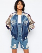 ASOS Premium Embroidered Bomber Jacket with Tipped Rib. Casual jackets | weekend fashion | blue and silver | satin style
