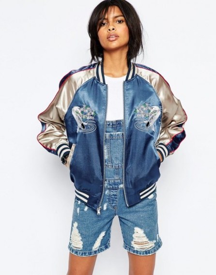 ASOS Premium Embroidered Bomber Jacket with Tipped Rib. Casual jackets | weekend fashion | blue and silver | satin style - flipped