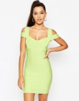 ASOS SCULPT Premium Bandage Bardot Double Strap Mini Dress in lime. Party dresses – going out fashion – bodycon style – evening glamour