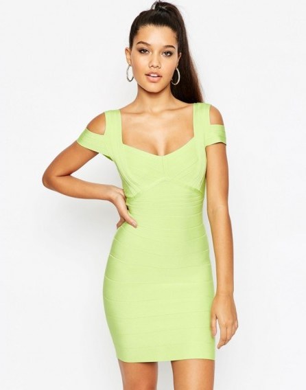 ASOS SCULPT Premium Bandage Bardot Double Strap Mini Dress in lime. Party dresses – going out fashion – bodycon style – evening glamour - flipped