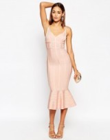ASOS SCULPT Premium Bandage Sweetheart Panelled Peplum Hem Midi Dress nude. Pale pink party dresses – going out glamour – glamorous evening fashion – bodycon style