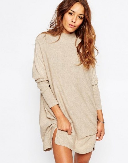 ASOS Tunic Dress With High Neck In Cashmere Mix in oatmeal. Casual winter style – sweater dresses – knitwear – knitted fashion - flipped