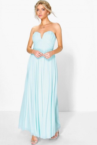 Boohoo Boutique Sia mesh rouched plunge maxi dress in mint. Strapless occasion dresses ~ long party fashion ~ evening wear