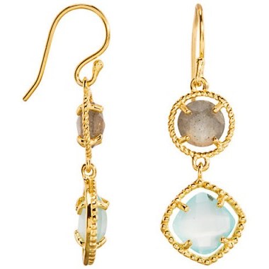 Luxe style jewellery ~ Azuni 18ct Gold Plated Twin Stone Drop Earrings, Aqua Chalcedony/Labradorite. Luxury looking jewelry – affordable accessories - flipped