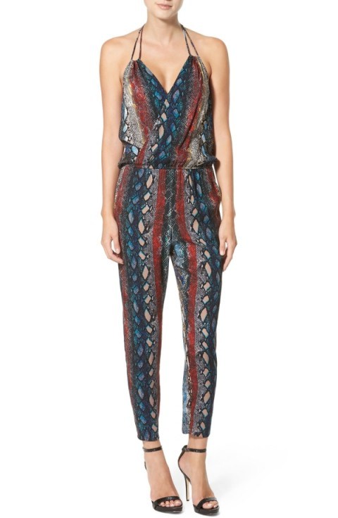 Ella Moss ‘Wonderlust’ Snakeskin Print Halter Jumpsuit – in the style of Kate Hudson out for an evening in West Hollywood with friends, 4 February 2016. Celebrity fashion | star style | halterneck jumpsuits | what celebrities wear - flipped