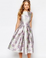 Chi Chi London Midi Prom Dress In Allover Floral. Party dresses – flower prints – lilac sateen fabric – evening celebration – occasion fashion