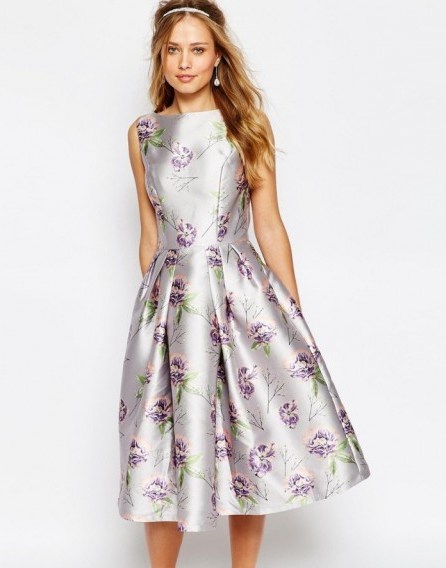 Chi Chi London Midi Prom Dress In Allover Floral. Party dresses – flower prints – lilac sateen fabric – evening celebration – occasion fashion - flipped