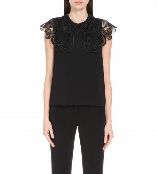 CHRISTOPHER KANE Black heart lace-collar stretch-crepe top ~ fashion ~ tops ~ hearts - flipped