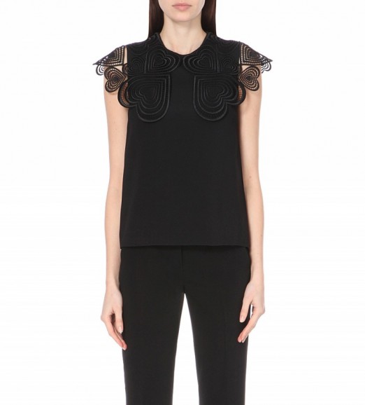 CHRISTOPHER KANE Black heart lace-collar stretch-crepe top ~ fashion ~ tops ~ hearts