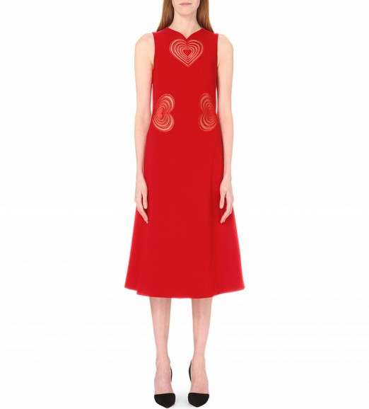 CHRISTOPHER KANE Red heart-embroidered crepe midi dress ~ hearts ~ fashion ~ dresses
