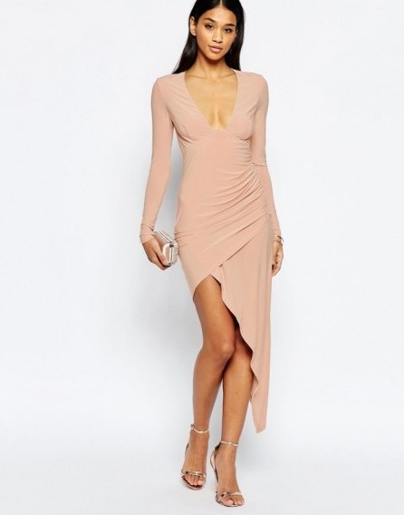 Club L Asymmetric Plunge Midi Dress in nude. Plunging party dresses | deep V necklines | going out glamour | eveningwear - flipped