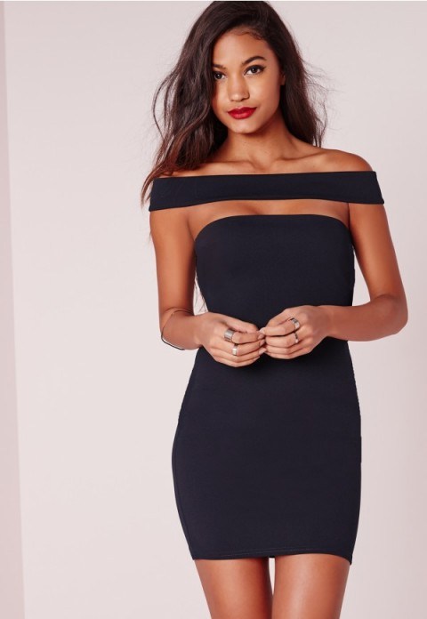 MISGUIDED cut out panel bardot bodycon dress. Navy blue party dresses – fitted style – off the shoulder – going out – evening fashion - flipped