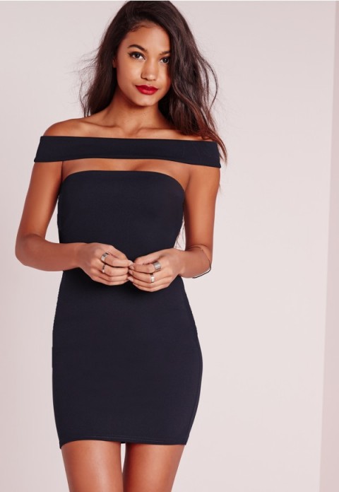 MISGUIDED cut out panel bardot bodycon dress. Navy blue party dresses – fitted style – off the shoulder – going out – evening fashion
