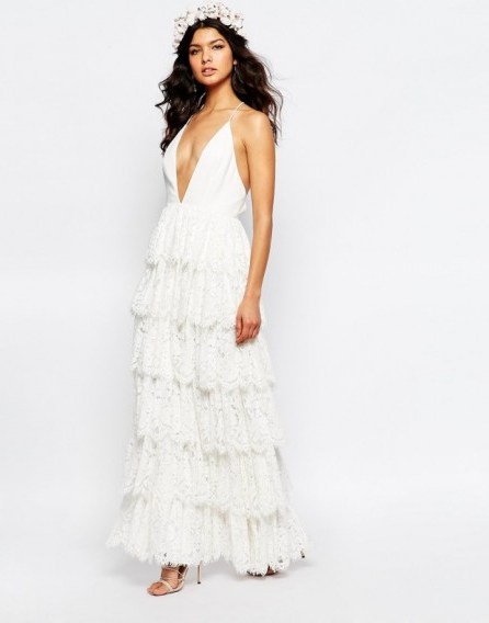 Fame And Partners Bridal Tiered Maxi Dress – plunge front wedding dresses – layered lace bridal gowns – deep v neckline gown – spring / summer weddings - flipped