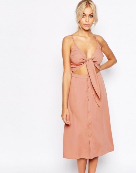 Fashion Union 2 in 1 Bow Front Midi Dress in pink. Plunge front dresses | cut out style | plunging neckline | low cut | A-line button skirt - flipped