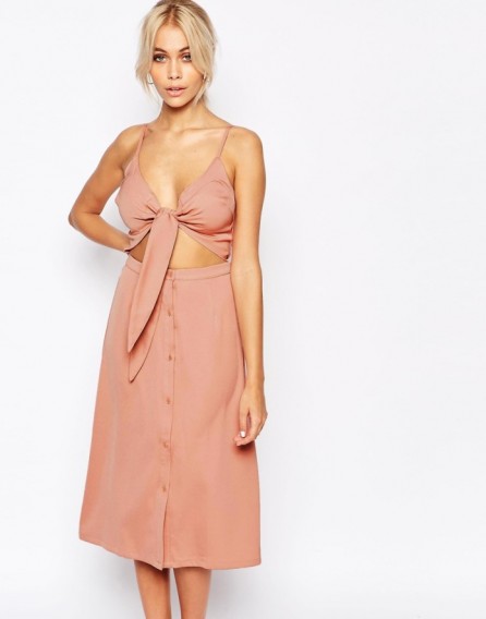 Fashion Union 2 in 1 Bow Front Midi Dress in pink. Plunge front dresses | cut out style | plunging neckline | low cut | A-line button skirt