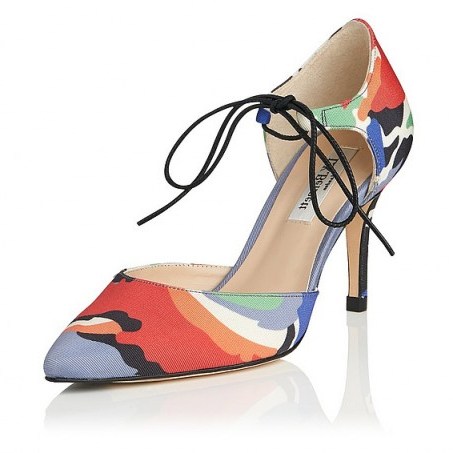 L.K. Bennett Fauna Print Pointed Courts – stylish court shoes – multi-coloured pumps – front ties - flipped