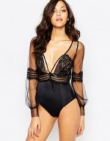 Skivvies For Love & Lemons Alexa Body in black. Plunge front bodysuits | semi sheer lingerie | lace and chiffon | underwear worn as outerwear | luxury tops | plunging necklines | deep V neckline