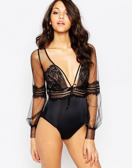 Skivvies For Love & Lemons Alexa Body in black. Plunge front bodysuits | semi sheer lingerie | lace and chiffon | underwear worn as outerwear | luxury tops | plunging necklines | deep V neckline - flipped