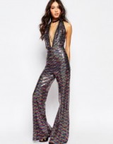Jaded London Sexy Plunge Neck Festival Jumpsuit In Rainbow Sequins. Embellished jumpsuits | plunging necklines | plunge front | low cut neckline | 70s style glamour