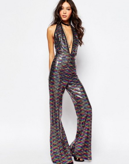 Jaded London Sexy Plunge Neck Festival Jumpsuit In Rainbow Sequins. Embellished jumpsuits | plunging necklines | plunge front | low cut neckline | 70s style glamour - flipped